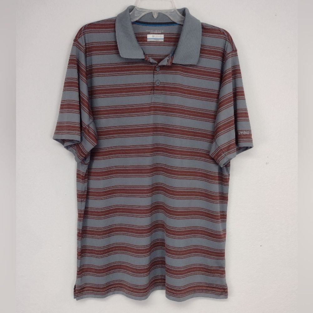 Columbia Omni-Shade Polo Grey Brown Stripe Short Sleeve Sz XL Activewear Casual